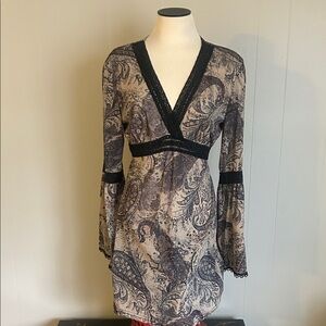 Vintage Y2K sheer mini long sleeve paisley dress with bell sleeves made in USA